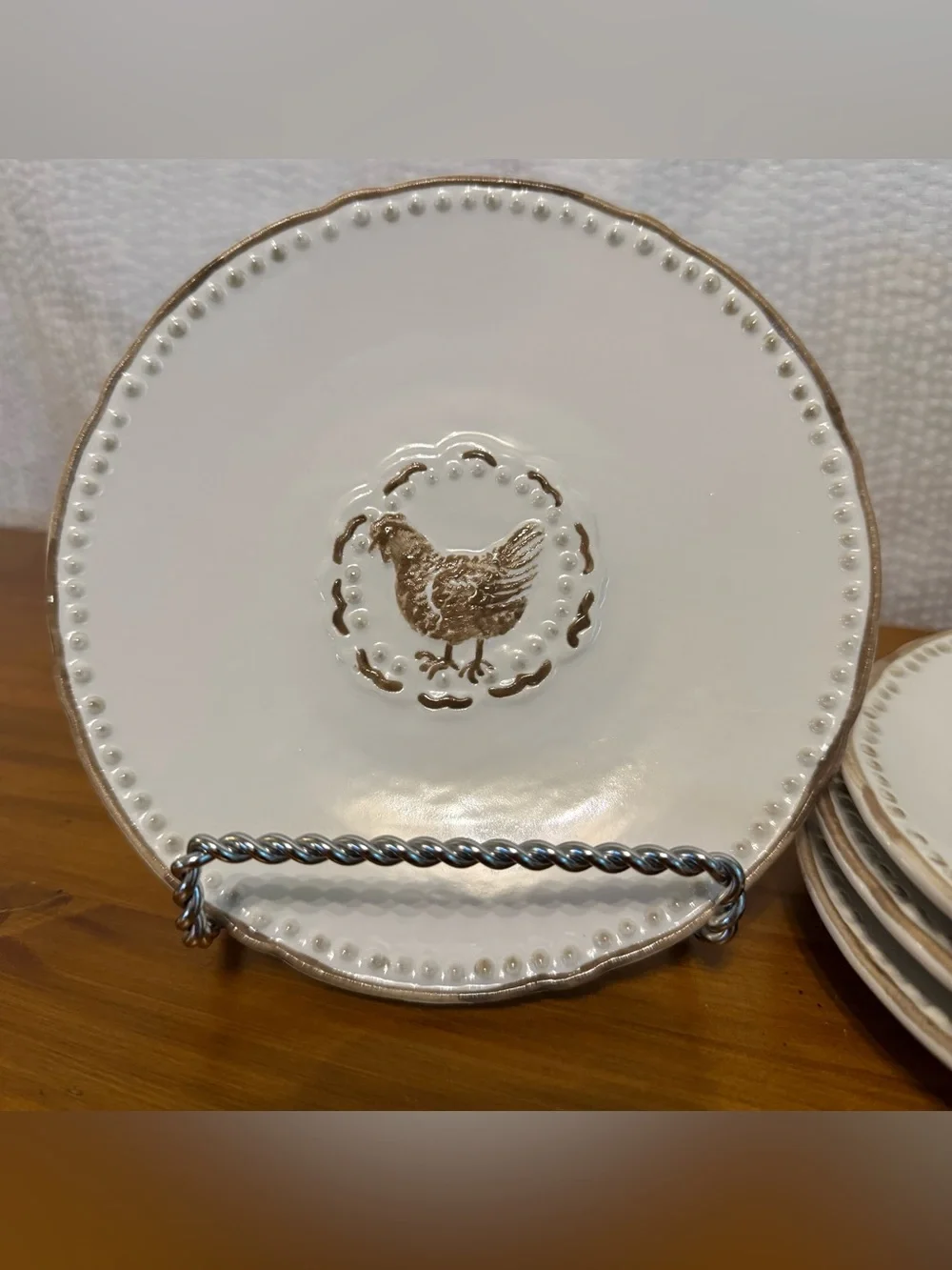 3 Pfaltzgraff Hen Coffee Mugs/ Saucer Embossed Cups Farmhouse Cottage Rooster